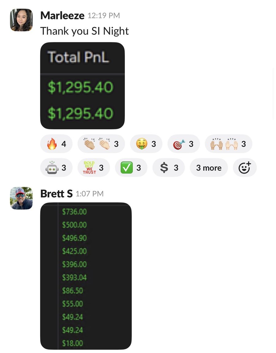 Member Total PnL screenshots — SI night session wins