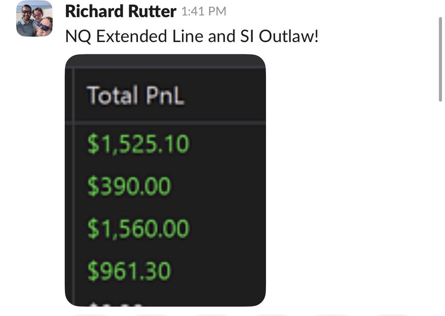 Member Total PnL — NQ Extended Line and SI Outlaw session wins