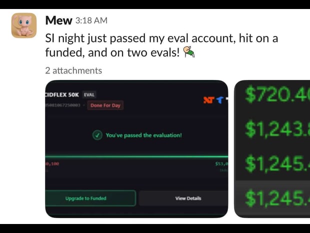 Member result — eval passed + payouts
